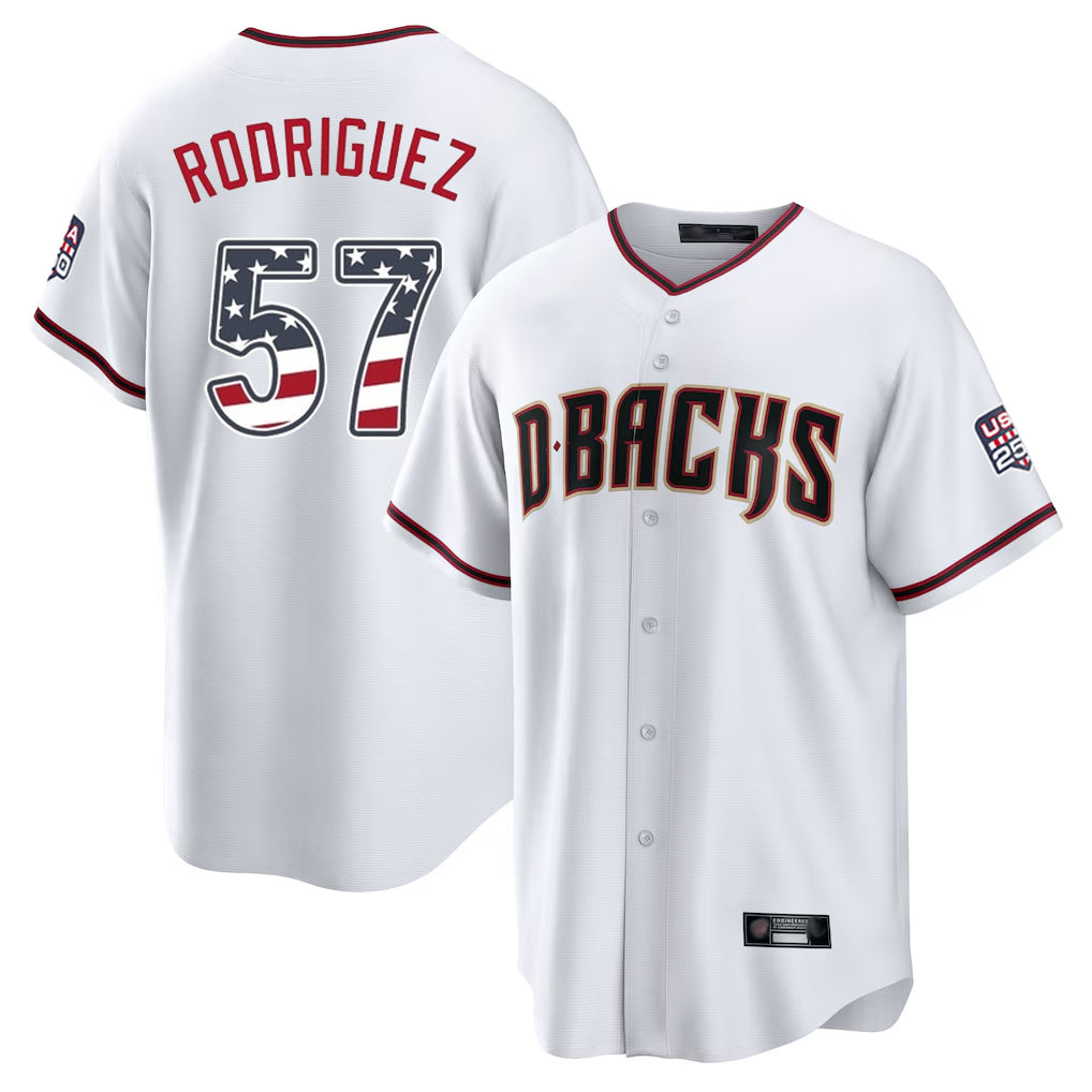 Silnrao A.Diamondbacks #57 Eduardo Rodriguez Player White USA 250 Fourth of July Home Game Stitched Jerseys