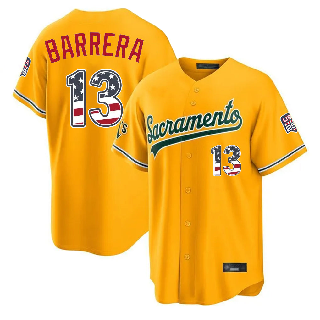 Silnrao Athletics #13 Luis Barrera Player Gold USA 250 Fourth of July Home Game Stitched Jerseys