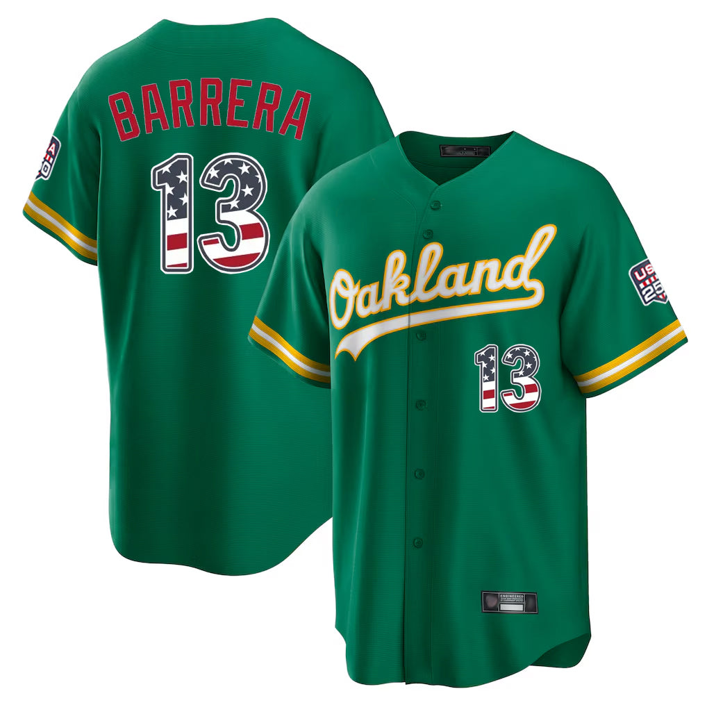 Silnrao Athletics #13 Luis Barrera Player Kelly Green USA 250 Fourth of July Home Game Stitched Jerseys