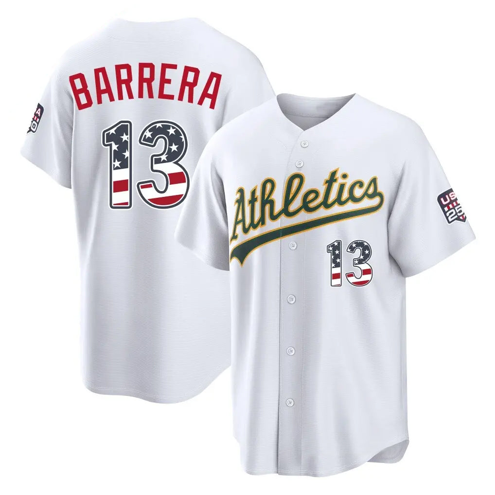 Silnrao Athletics #13 Luis Barrera Player White USA 250 Fourth of July Home Game Stitched Jerseys