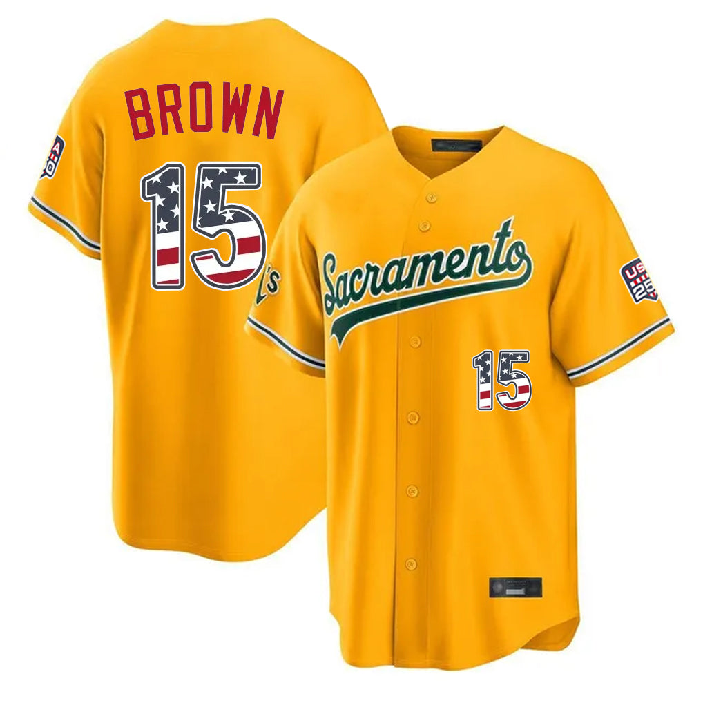 Silnrao Athletics #15 Seth Brown Player Gold USA 250 Fourth of July Home Game Stitched Jerseys
