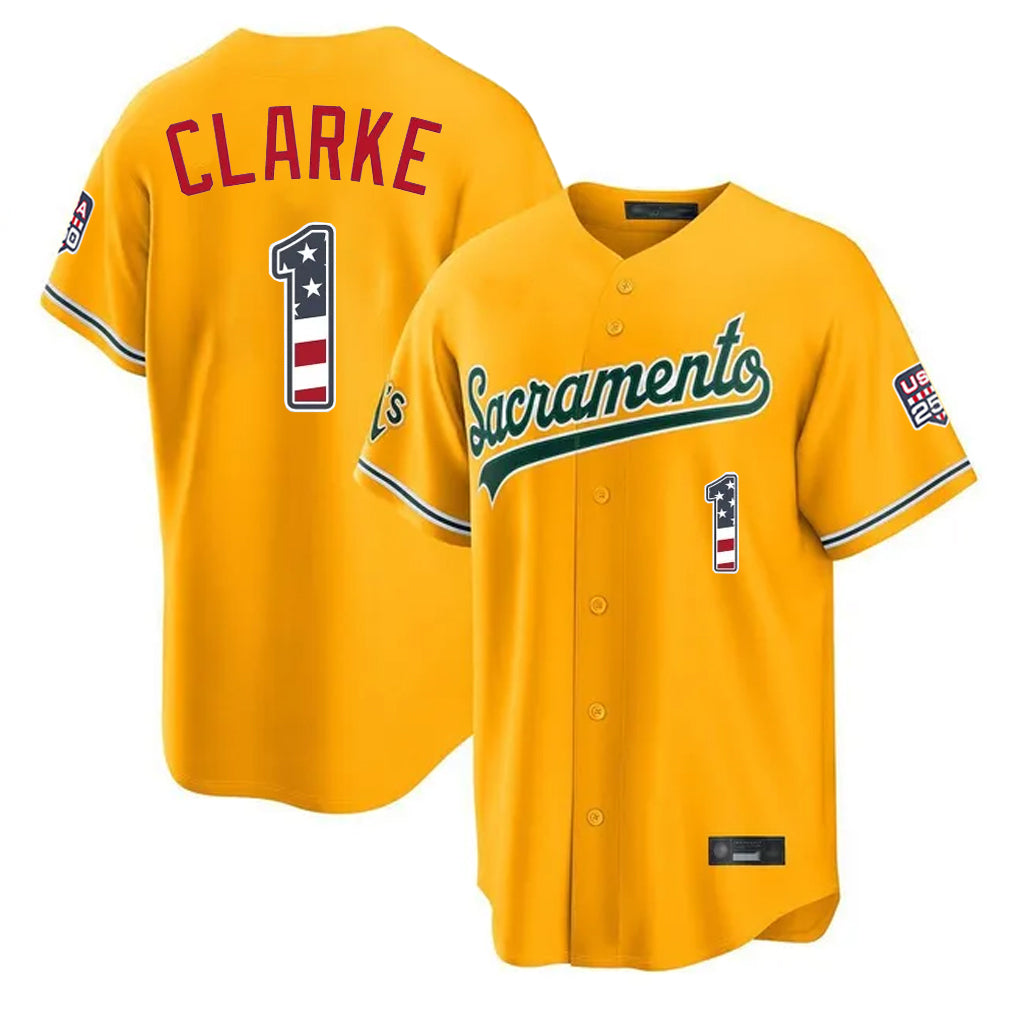 Silnrao Athletics #1 Denzel Clarke Player Gold USA 250 Fourth of July Home Game Stitched Jerseys