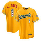Silnrao Athletics #1 Denzel Clarke Player Gold USA 250 Fourth of July Home Game Stitched Jerseys