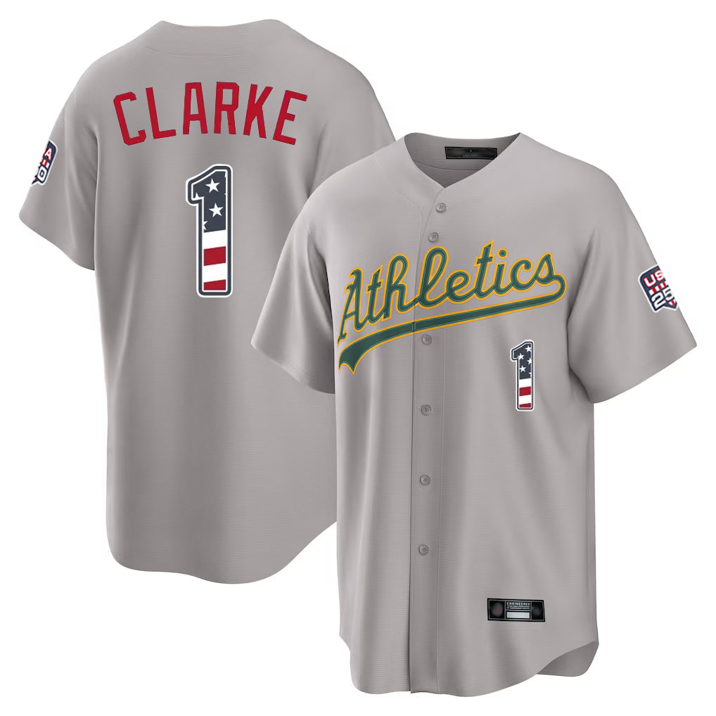 Silnrao Athletics #1 Denzel Clarke Player Gray USA 250 Fourth of July Home Game Stitched Jerseys