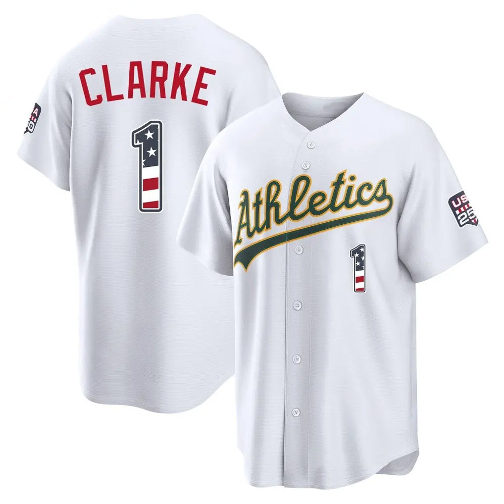 Silnrao Athletics #1 Denzel Clarke Player White USA 250 Fourth of July Home Game Stitched Jerseys