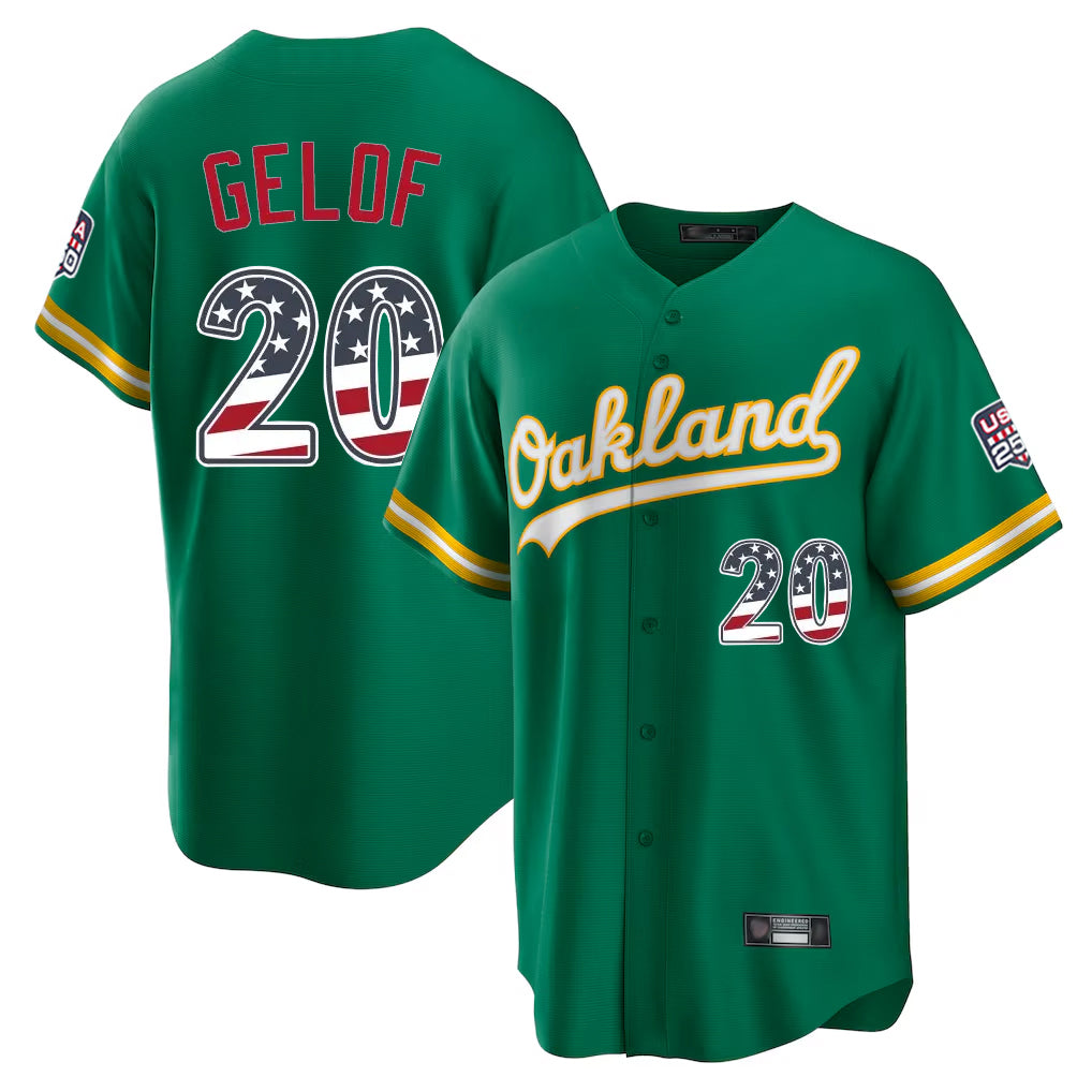 Silnrao Athletics #20 Zack Gelof Player Kelly Green USA 250 Fourth of July Home Game Stitched Jerseys