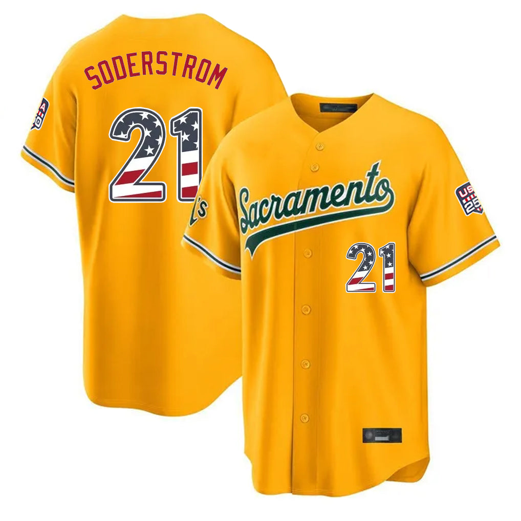 Silnrao Athletics #21 Tyler Soderstrom Player Gold USA 250 Fourth of July Home Game Stitched Jerseys