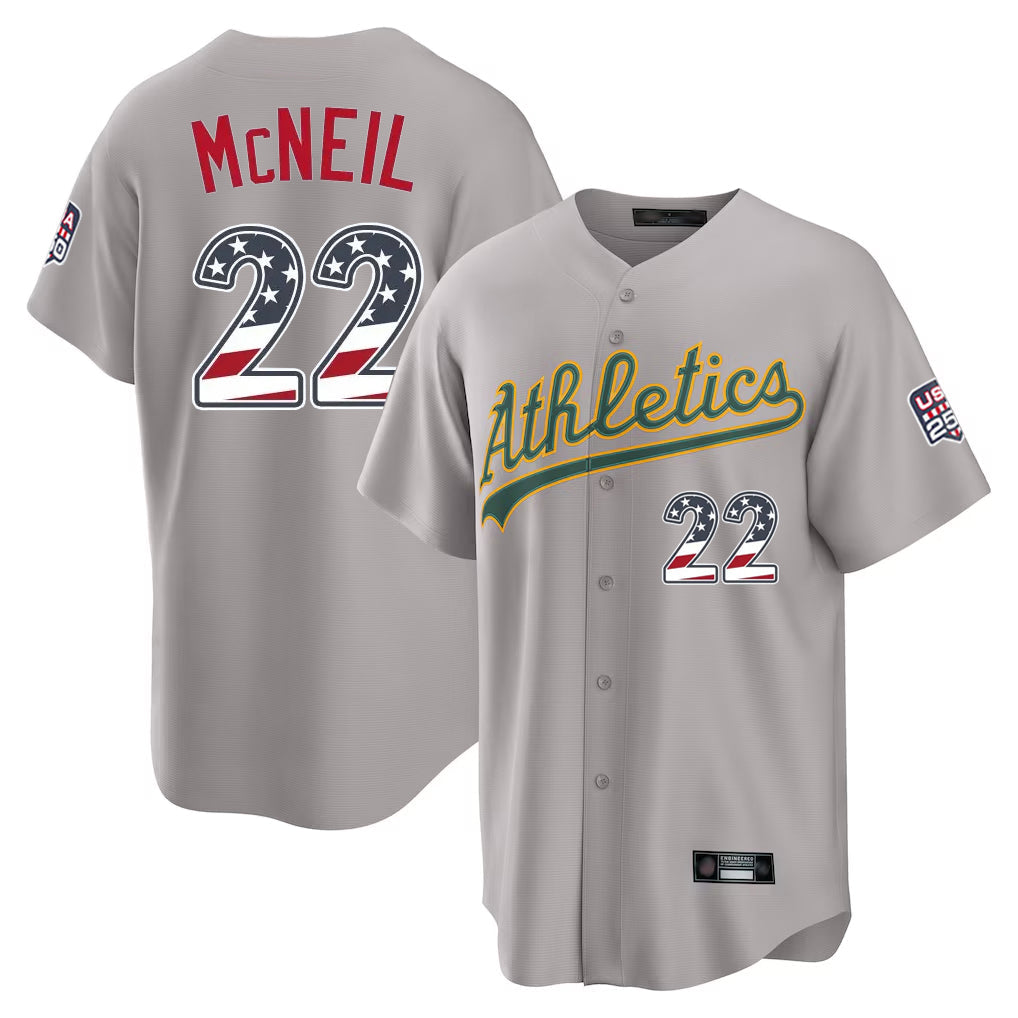 Silnrao Athletics #22 Jeff McNeil Player Gray USA 250 Fourth of July Home Game Stitched Jerseys