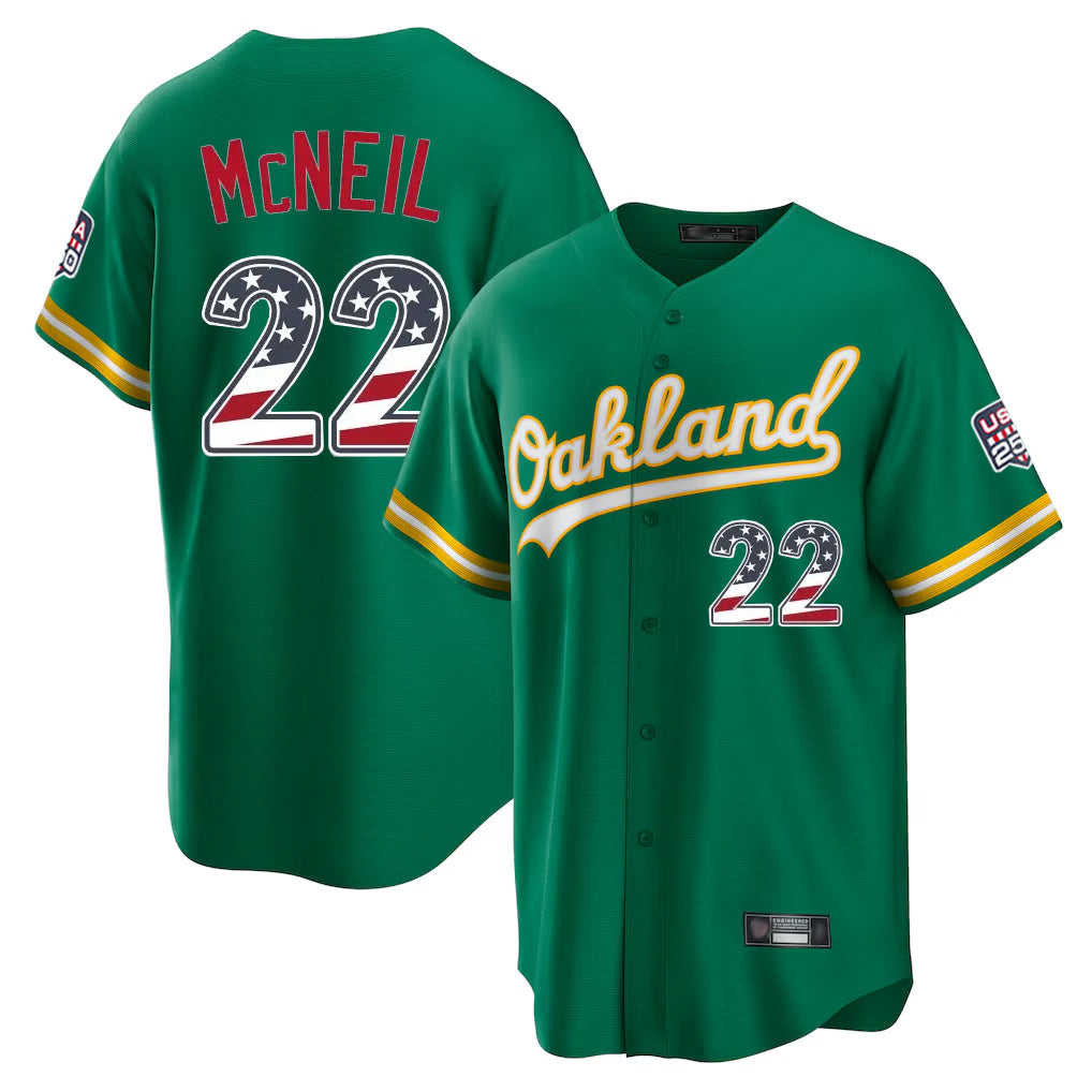 Silnrao Athletics #22 Jeff McNeil Player Kelly Green USA 250 Fourth of July Home Game Stitched Jerseys