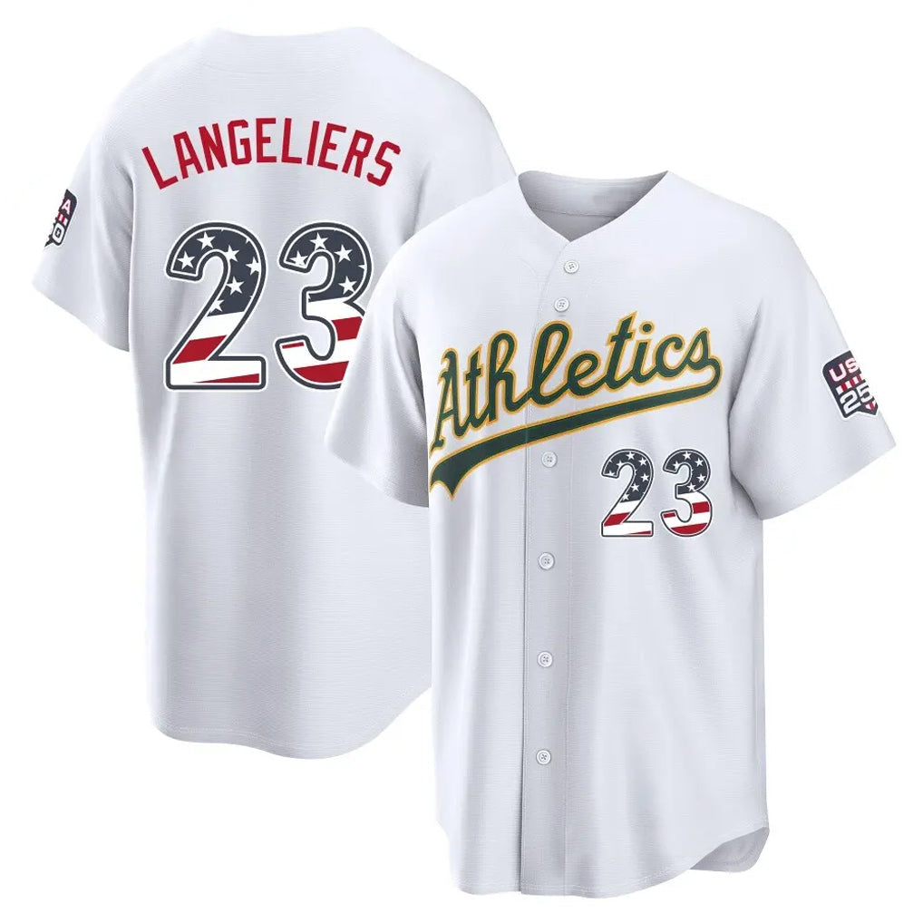 Silnrao Athletics #23 Shea Langeliers Player White USA 250 Fourth of July Home Game Stitched Jerseys
