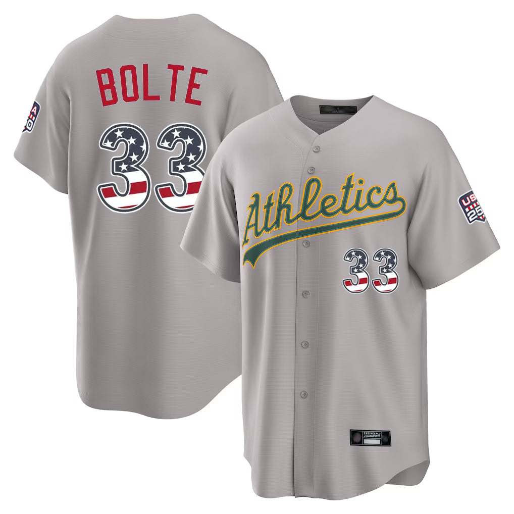 Silnrao Athletics #33 Henry Bolte Player Gray USA 250 Fourth of July Home Game Stitched Jerseys
