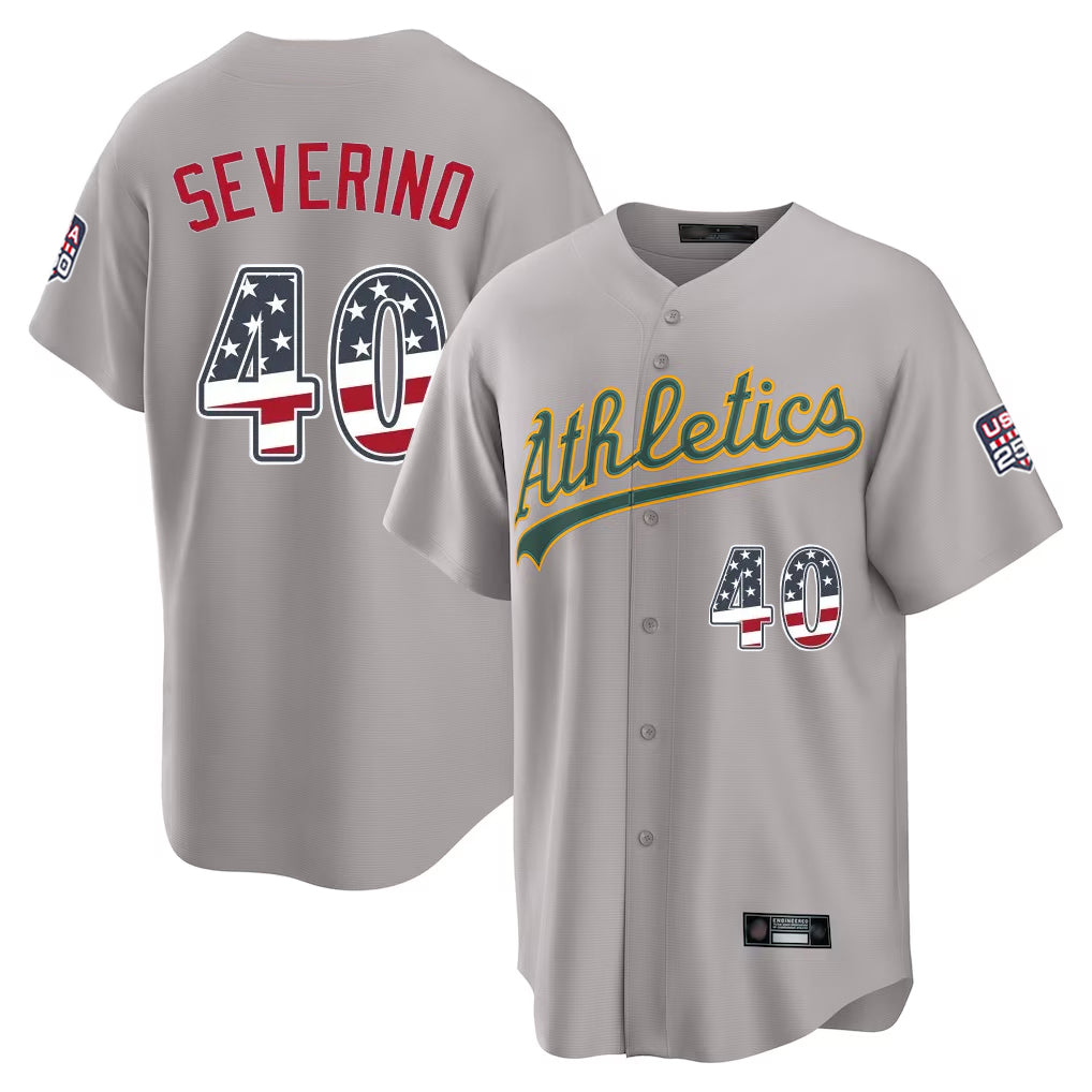 Silnrao Athletics #40 Luis Severino Player Gray USA 250 Fourth of July Home Game Stitched Jerseys