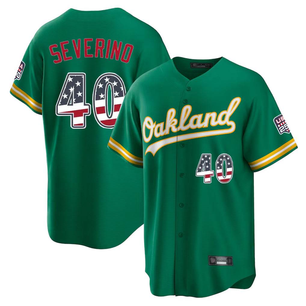 Silnrao Athletics #40 Luis Severino Player Kelly Green USA 250 Fourth of July Home Game Stitched Jerseys