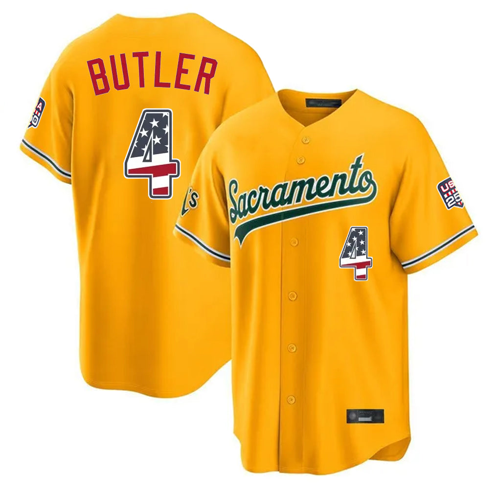 Silnrao Athletics #4 Lawrence Butler Player Gold USA 250 Fourth of July Home Game Stitched Jerseys