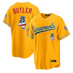 Silnrao Athletics #4 Lawrence Butler Player Gold USA 250 Fourth of July Home Game Stitched Jerseys