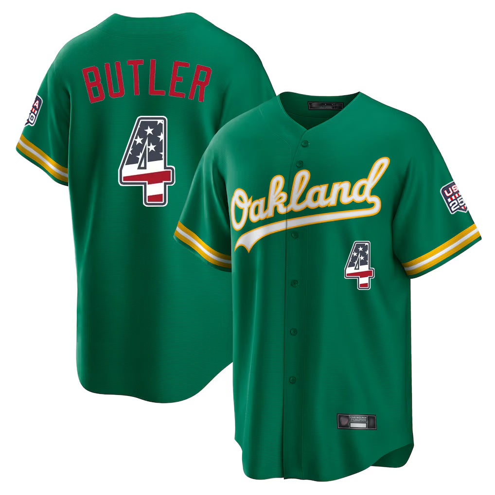 Silnrao Athletics #4 Lawrence Butler Player Kelly Green USA 250 Fourth of July Home Game Stitched Jerseys