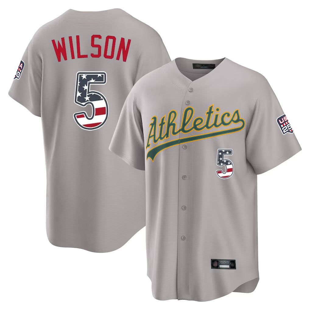 Silnrao Athletics #5 Jacob Wilson Player Gray USA 250 Fourth of July Home Game Stitched Jerseys