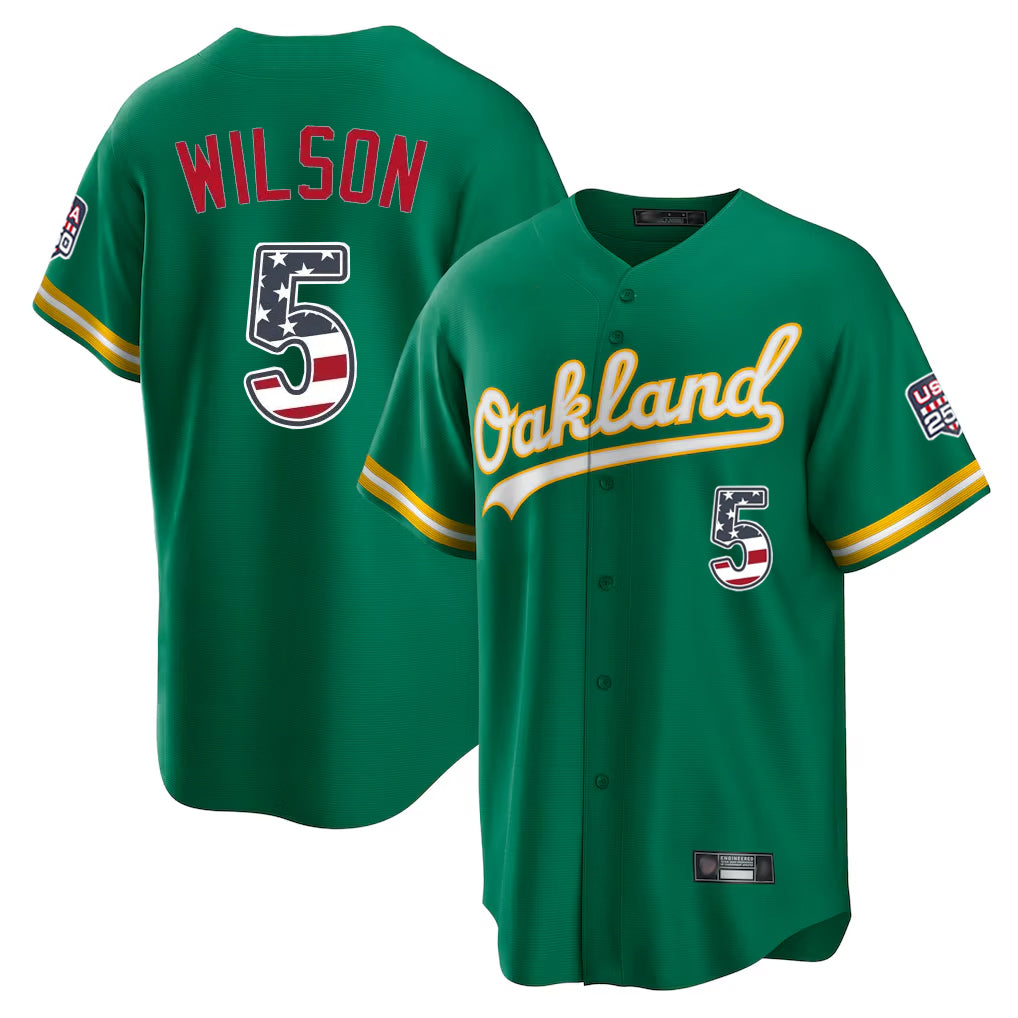 Silnrao Athletics #5 Jacob Wilson Player Kelly Green USA 250 Fourth of July Home Game Stitched Jerseys