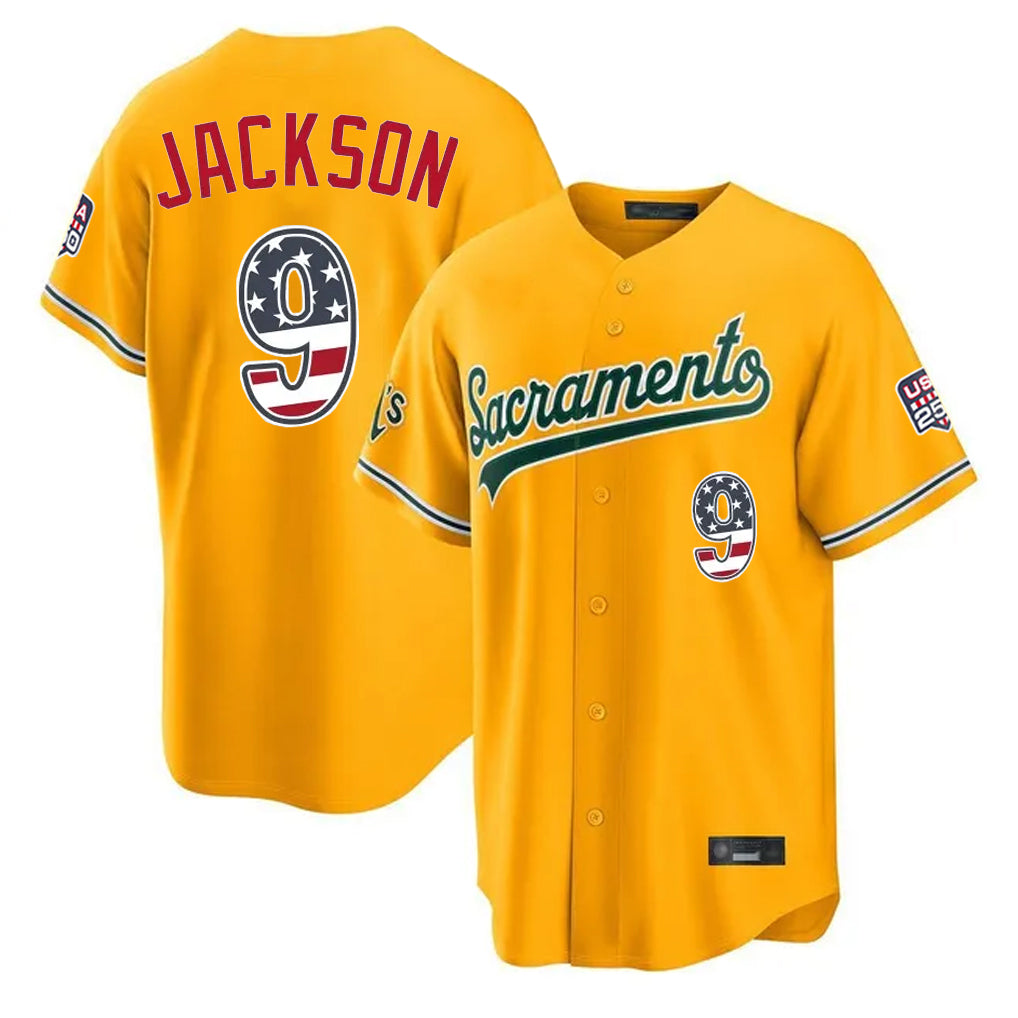 Silnrao Athletics #9 Reggie Jackson Player Gold USA 250 Fourth of July Home Game Stitched Jerseys