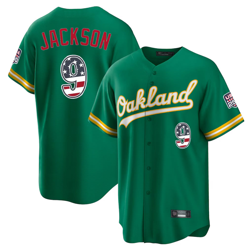 Silnrao Athletics #9 Reggie Jackson Player Kelly Green USA 250 Fourth of July Home Game Stitched Jerseys