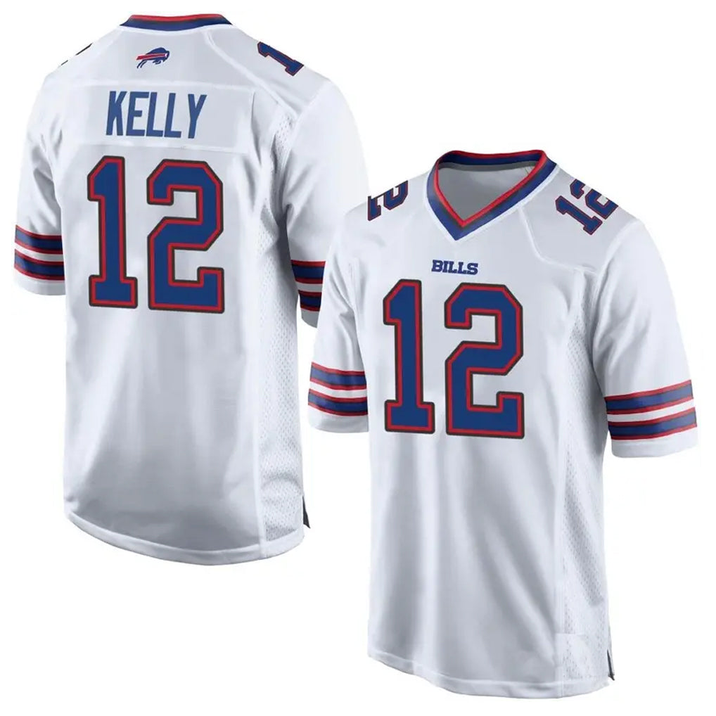 Silnrao B.Bills #12 Jim Kelly Player White Home Game Stitched Jerseys