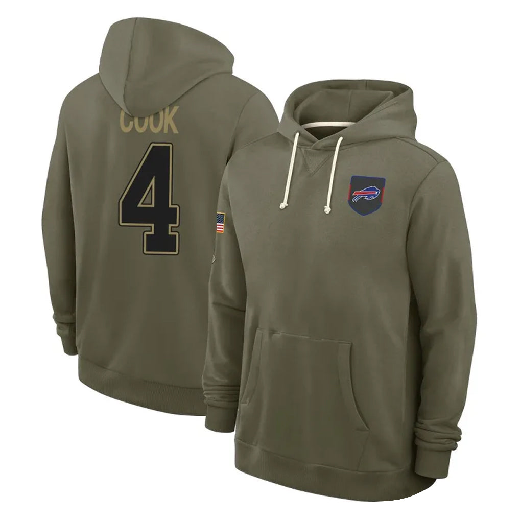 Silnrao B.Bills #4 James Cook III Player Salute to Service Olive Hoodies  Stitched Jerseys