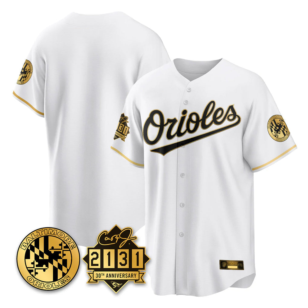 Silnrao B.Orioles White Gold 30th Anniversary of 2131 Home Game Blank Player Stitched Jerseys