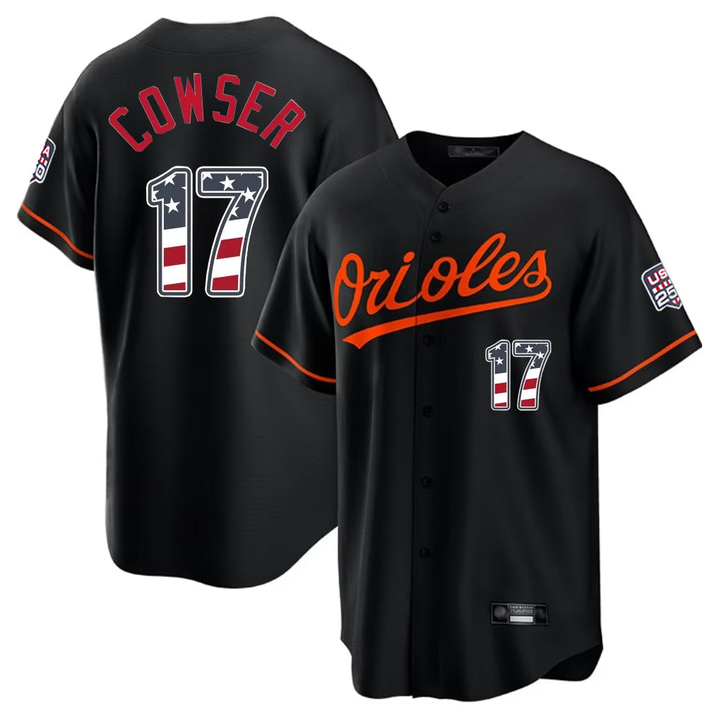 Silnrao B.Orioles #17 Colton Cowser Player Black USA 250 Fourth of July Home Game Stitched Jerseys