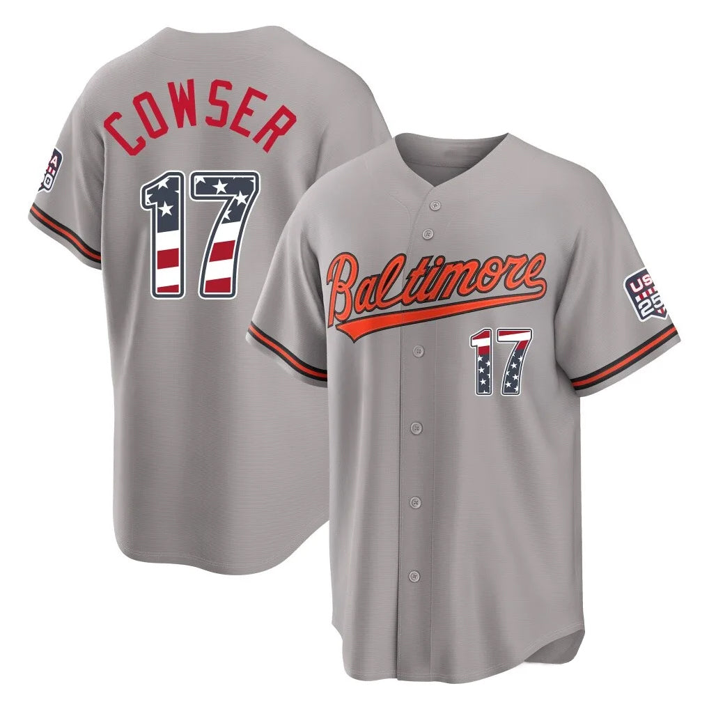 Silnrao B.Orioles #17 Colton Cowser Player Gray USA 250 Fourth of July Home Game Stitched Jerseys