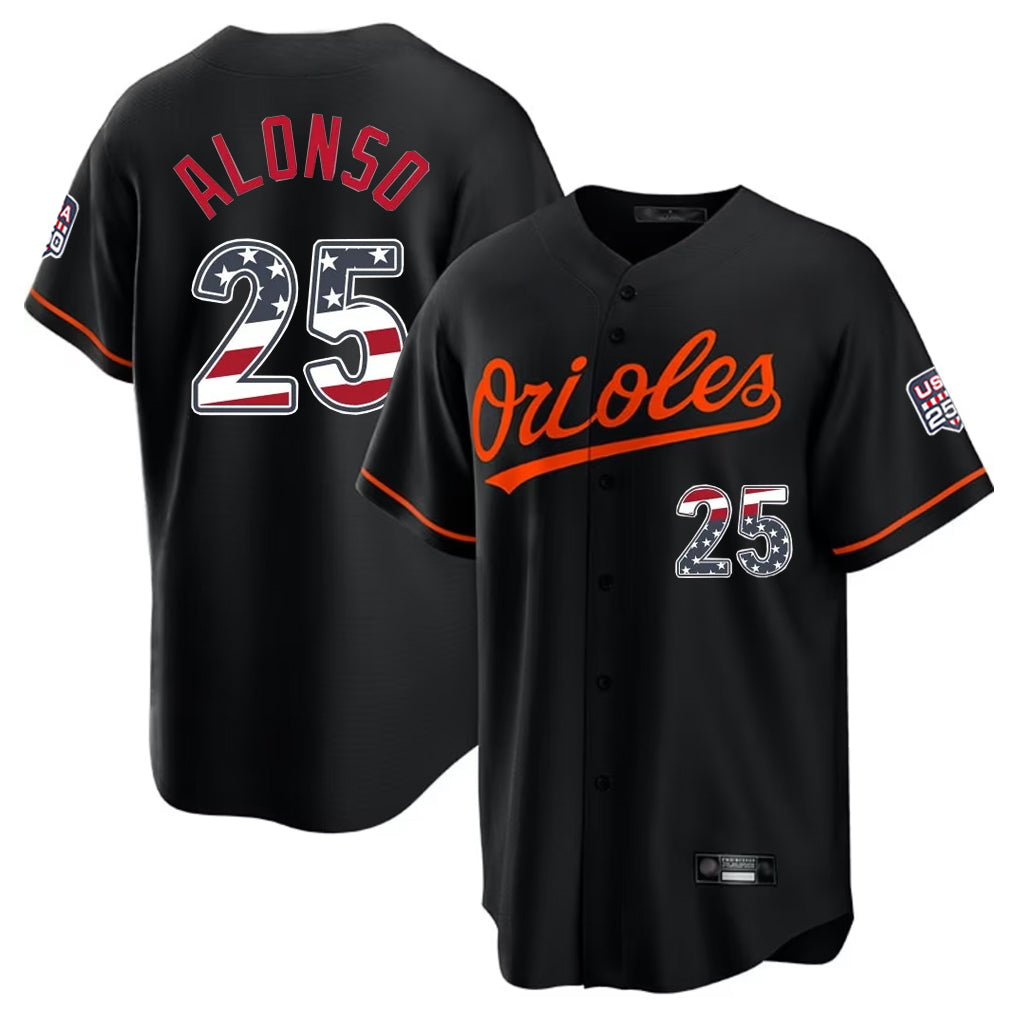 Silnrao B.Orioles #25 Pete Alonso Player Black USA 250 Fourth of July Home Game Stitched Jerseys