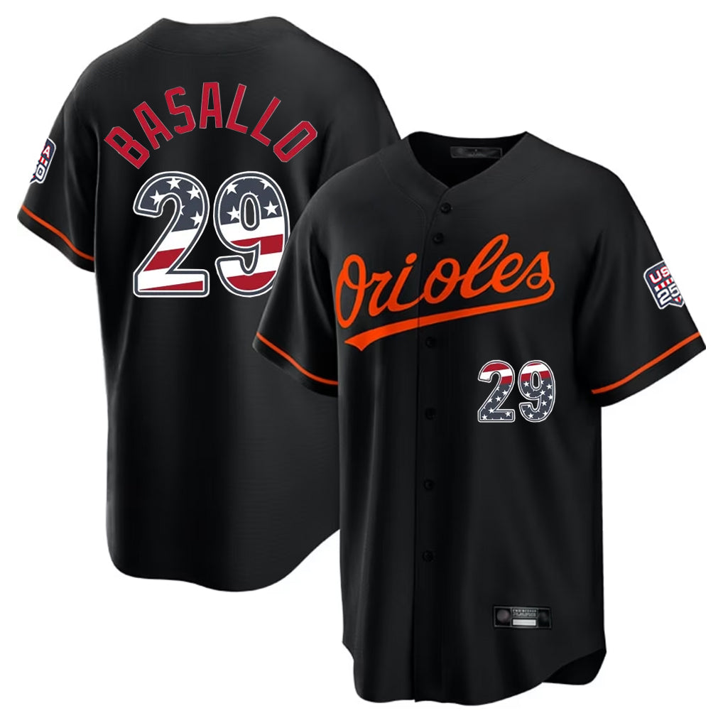 Silnrao B.Orioles #29 Samuel Basallo Player Black USA 250 Fourth of July Home Game Stitched Jerseys