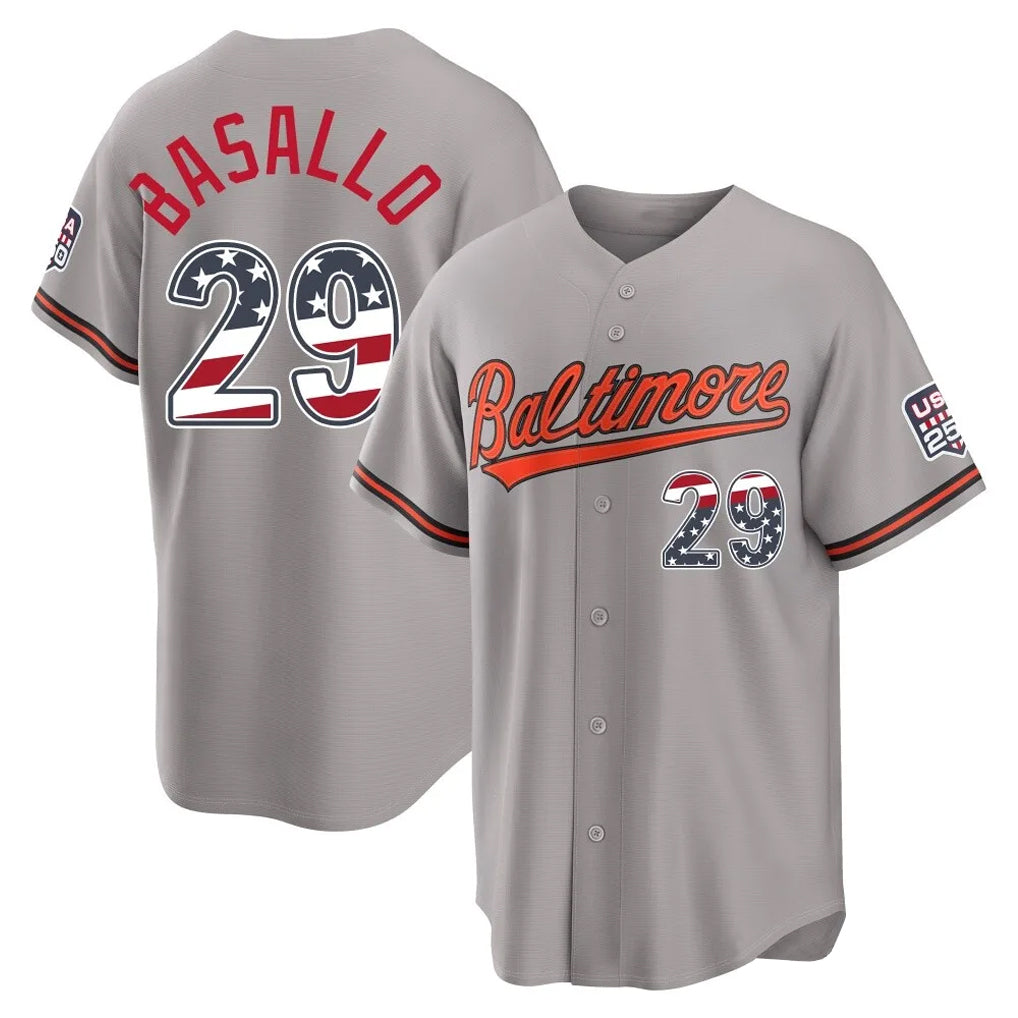 Silnrao B.Orioles #29 Samuel Basallo Player Gray USA 250 Fourth of July Home Game Stitched Jerseys