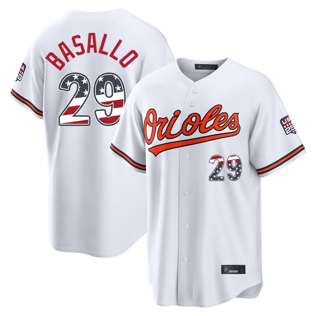 Silnrao B.Orioles #29 Samuel Basallo Player White USA 250 Fourth of July Home Game Stitched Jerseys