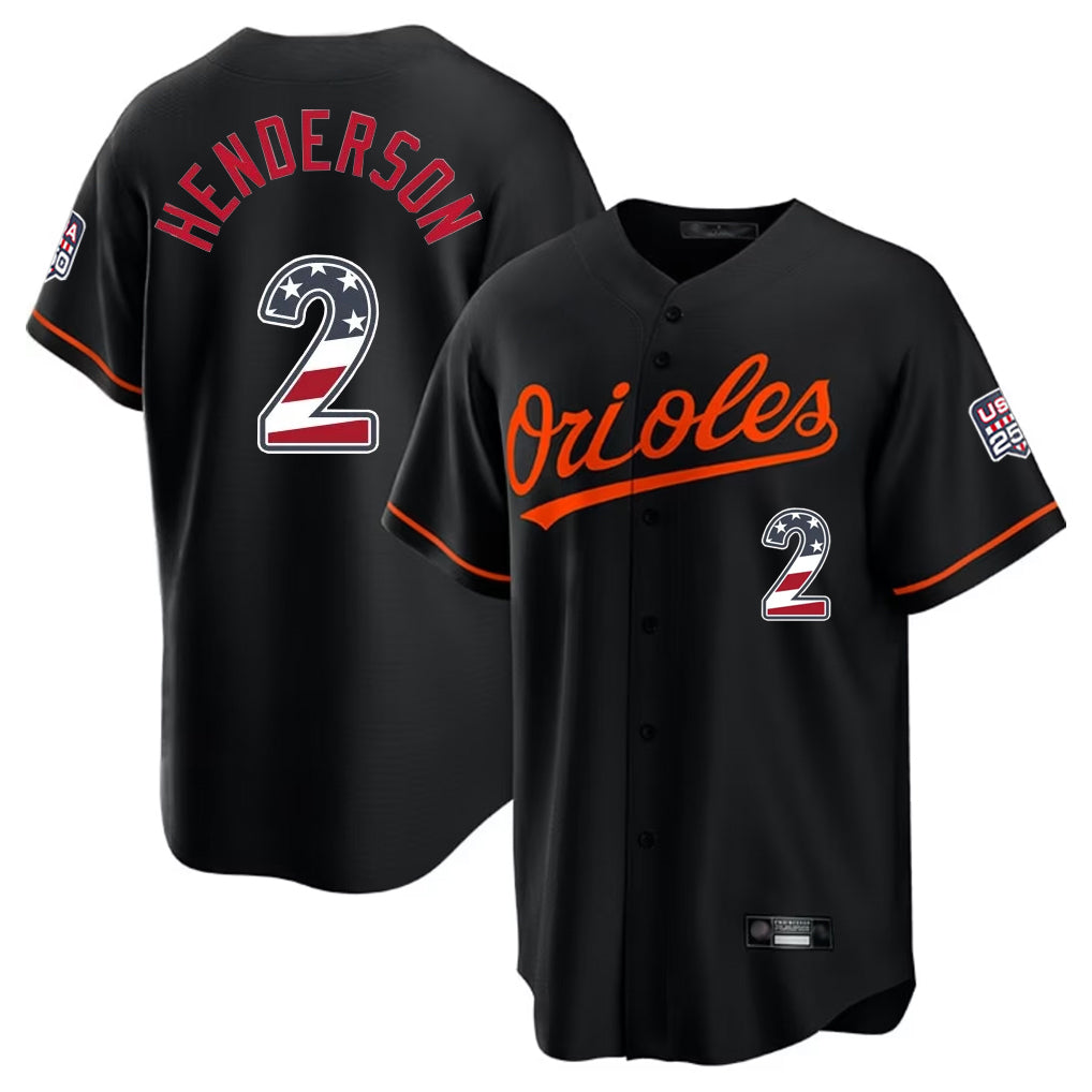 Silnrao B.Orioles #2 Gunnar Henderson Player Black USA 250 Fourth of July Home Game Stitched Jerseys