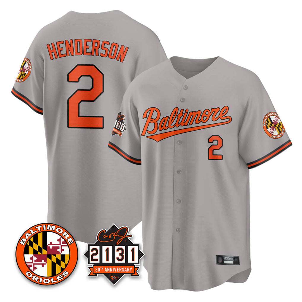 Silnrao B.Orioles #2 Gunnar Henderson Player Gray 30th Anniversary of 2131 Home Game Stitched Jerseys