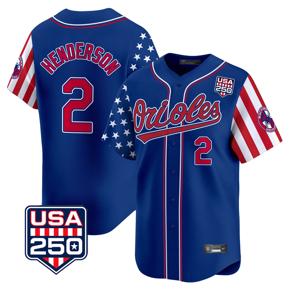 Silnrao B.Orioles #2 Gunnar Henderson Player Royal USA 250 Independence Day Vapor Premier Limited Home Game Stitched Jerseys