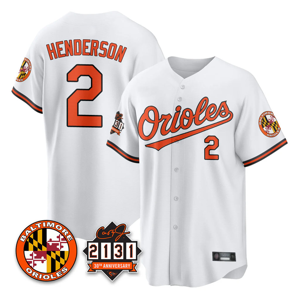 Silnrao B.Orioles #2 Gunnar Henderson Player White 30th Anniversary of 2131 Home Game Stitched Jerseys