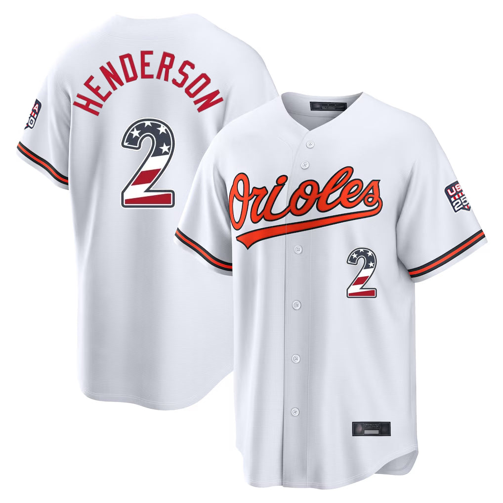 Silnrao B.Orioles #2 Gunnar Henderson Player White USA 250 Fourth of July Home Game Stitched Jerseys
