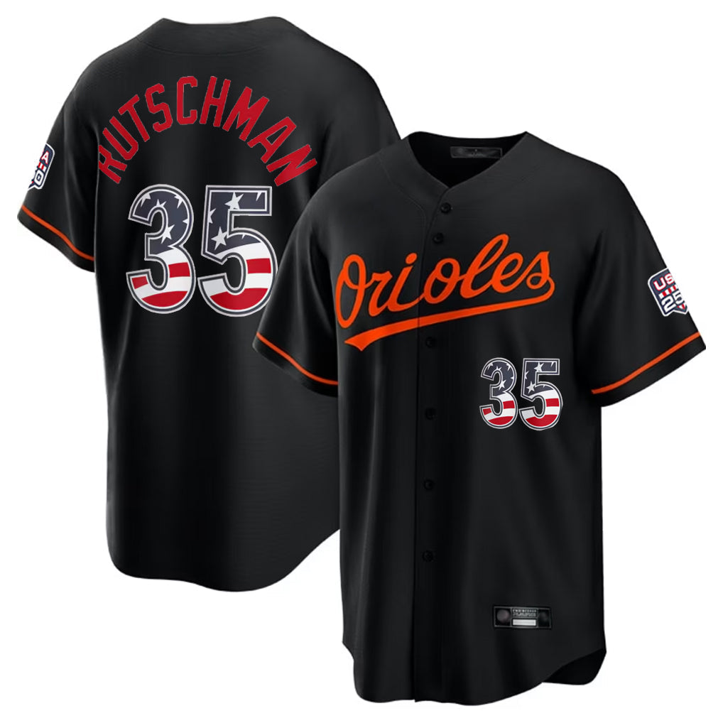 Silnrao B.Orioles #35 Adley Rutschman Player Black USA 250 Fourth of July Home Game Stitched Jerseys
