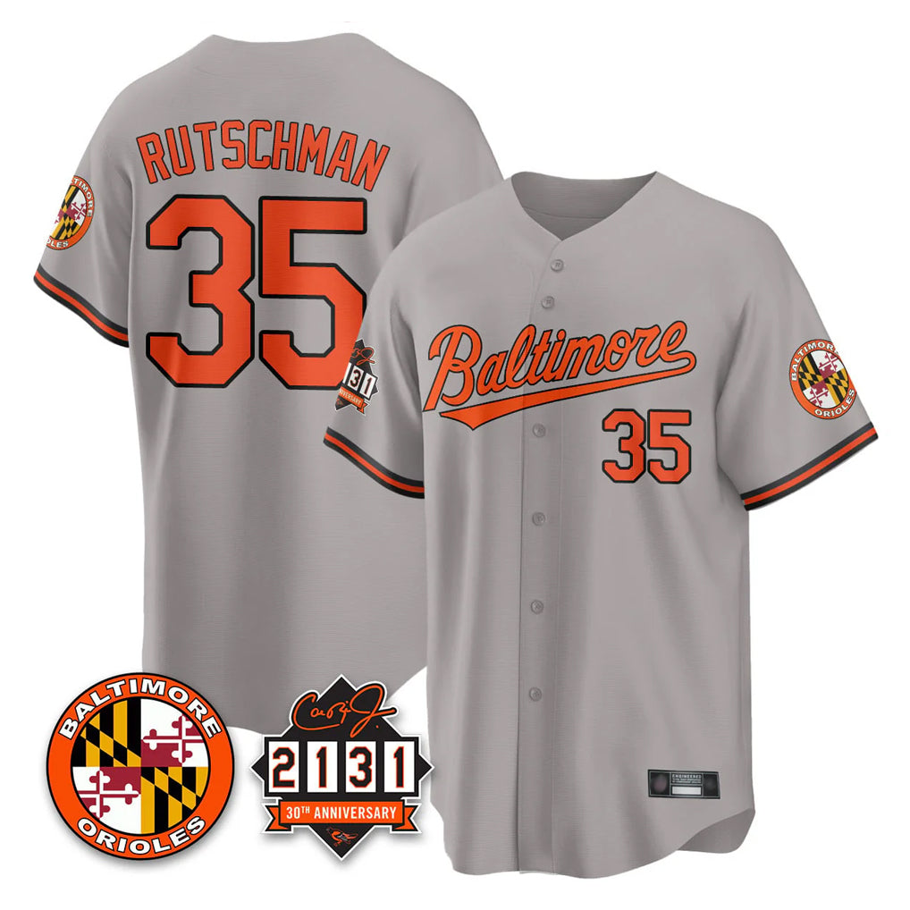 Silnrao B.Orioles #35 Adley Rutschman Player Gray 30th Anniversary of 2131 Home Game Stitched Jerseys
