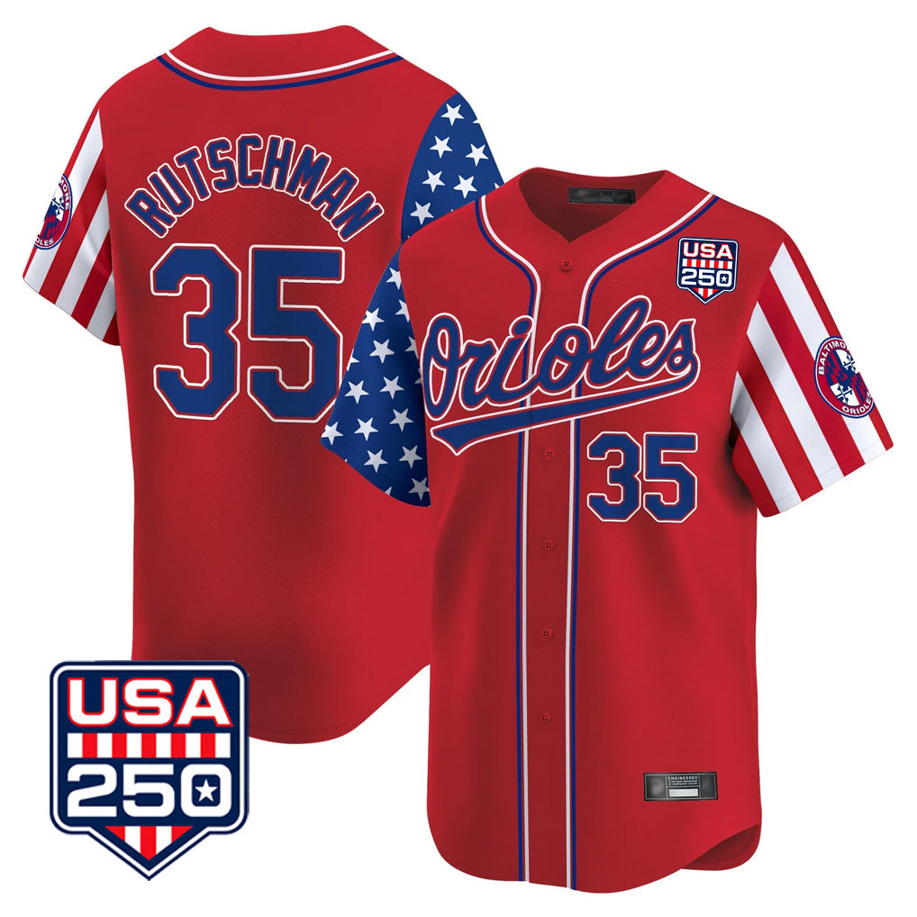 Silnrao B.Orioles #35 Adley Rutschman Player Red USA 250 Independence Day Vapor Premier Limited Home Game Stitched Jerseys