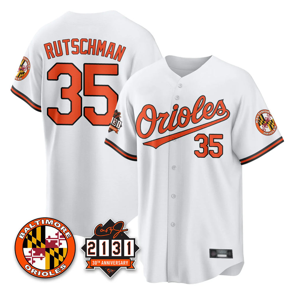Silnrao B.Orioles #35 Adley Rutschman Player White 30th Anniversary of 2131 Home Game Stitched Jerseys