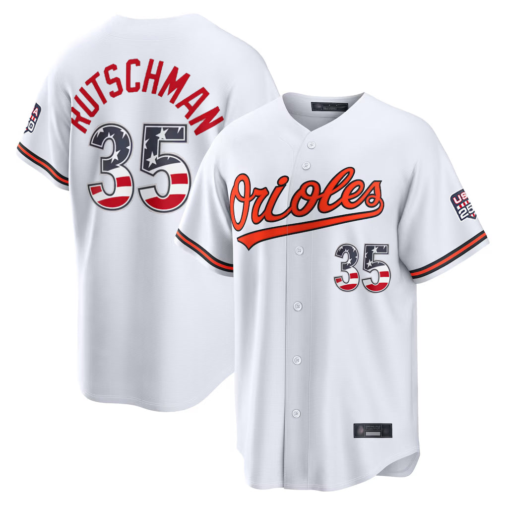 Silnrao B.Orioles #35 Adley Rutschman Player White USA 250 Fourth of July Home Game Stitched Jerseys