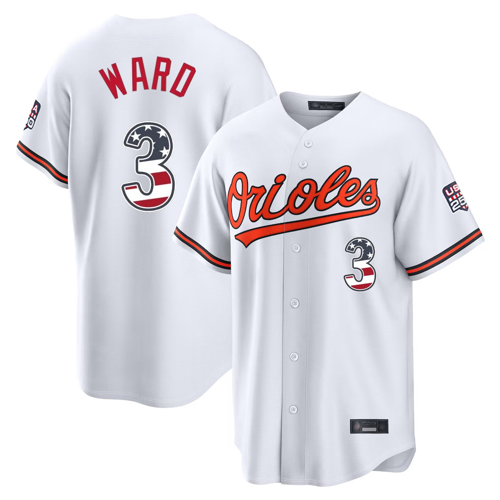 Silnrao B.Orioles #3 Taylor Ward Player White USA 250 Fourth of July Home Game Stitched Jerseys