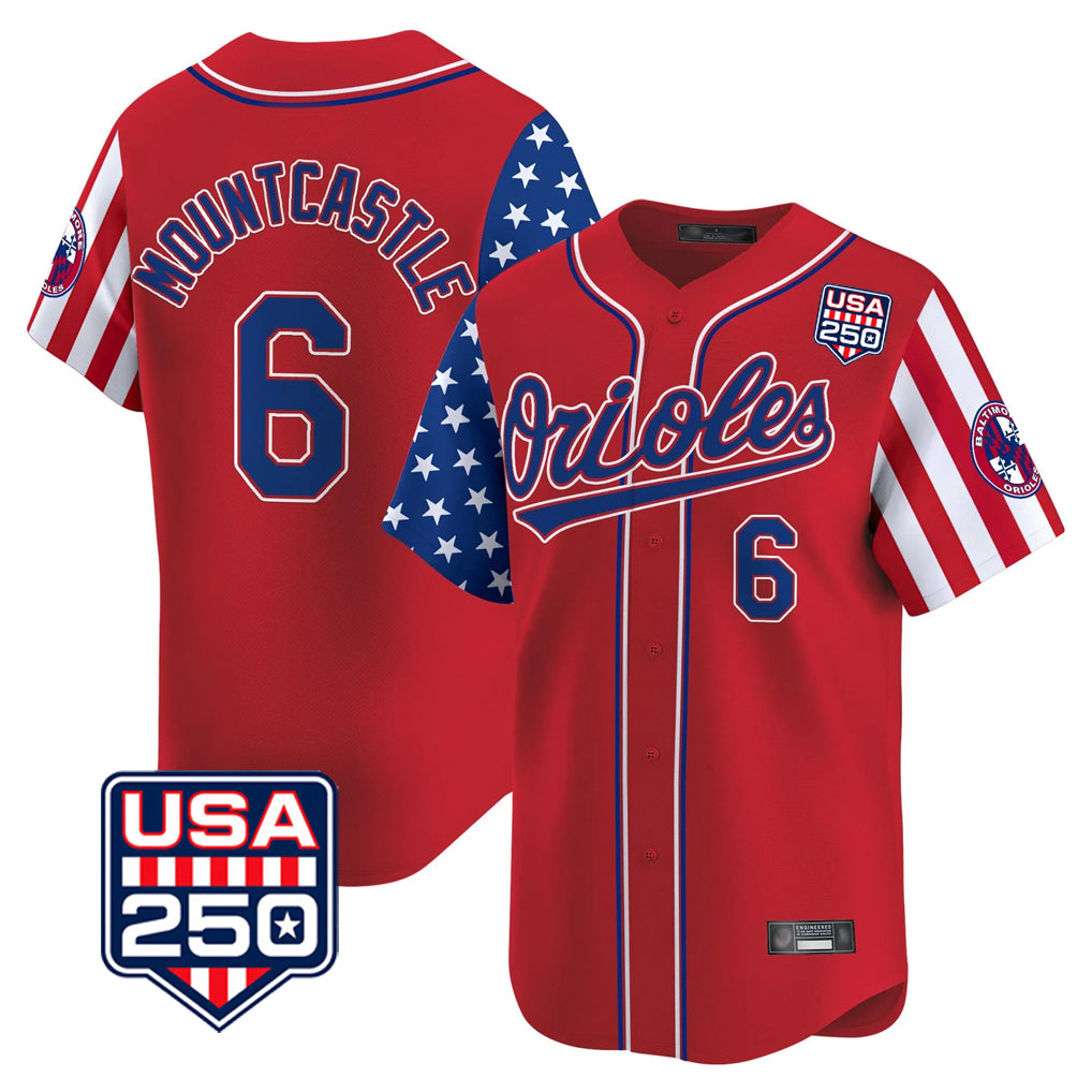 Silnrao B.Orioles #6 Ryan Mountcastle Player Red USA 250 Independence Day Vapor Premier Limited Home Game Stitched Jerseys