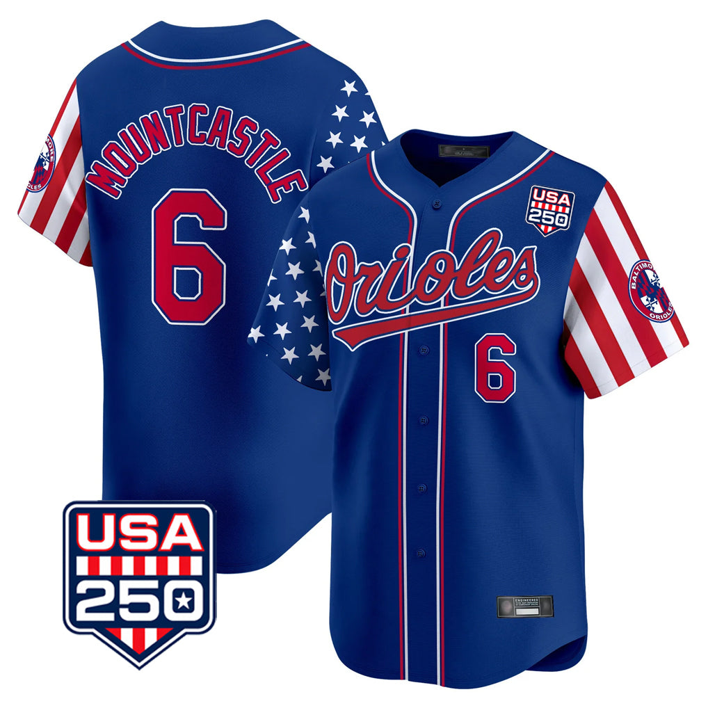 Silnrao B.Orioles #6 Ryan Mountcastle Player Royal USA 250 Independence Day Vapor Premier Limited Home Game Stitched Jerseys