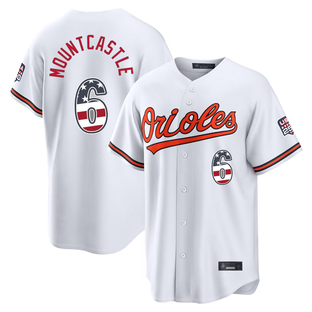 Silnrao B.Orioles #6 Ryan Mountcastle Player White USA 250 Fourth of July Home Game Stitched Jerseys