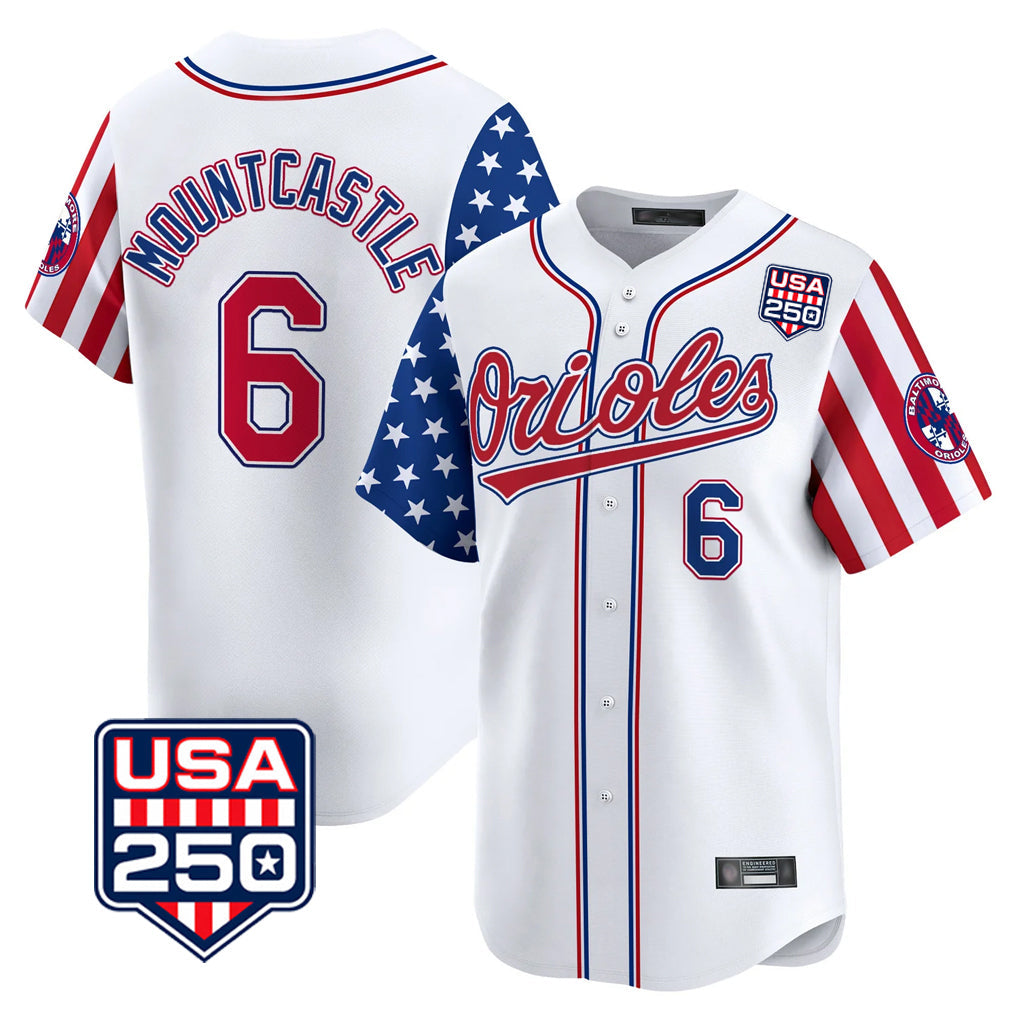 Silnrao B.Orioles #6 Ryan Mountcastle Player White USA 250 Independence Day Vapor Premier Home Game Stitched Jerseys