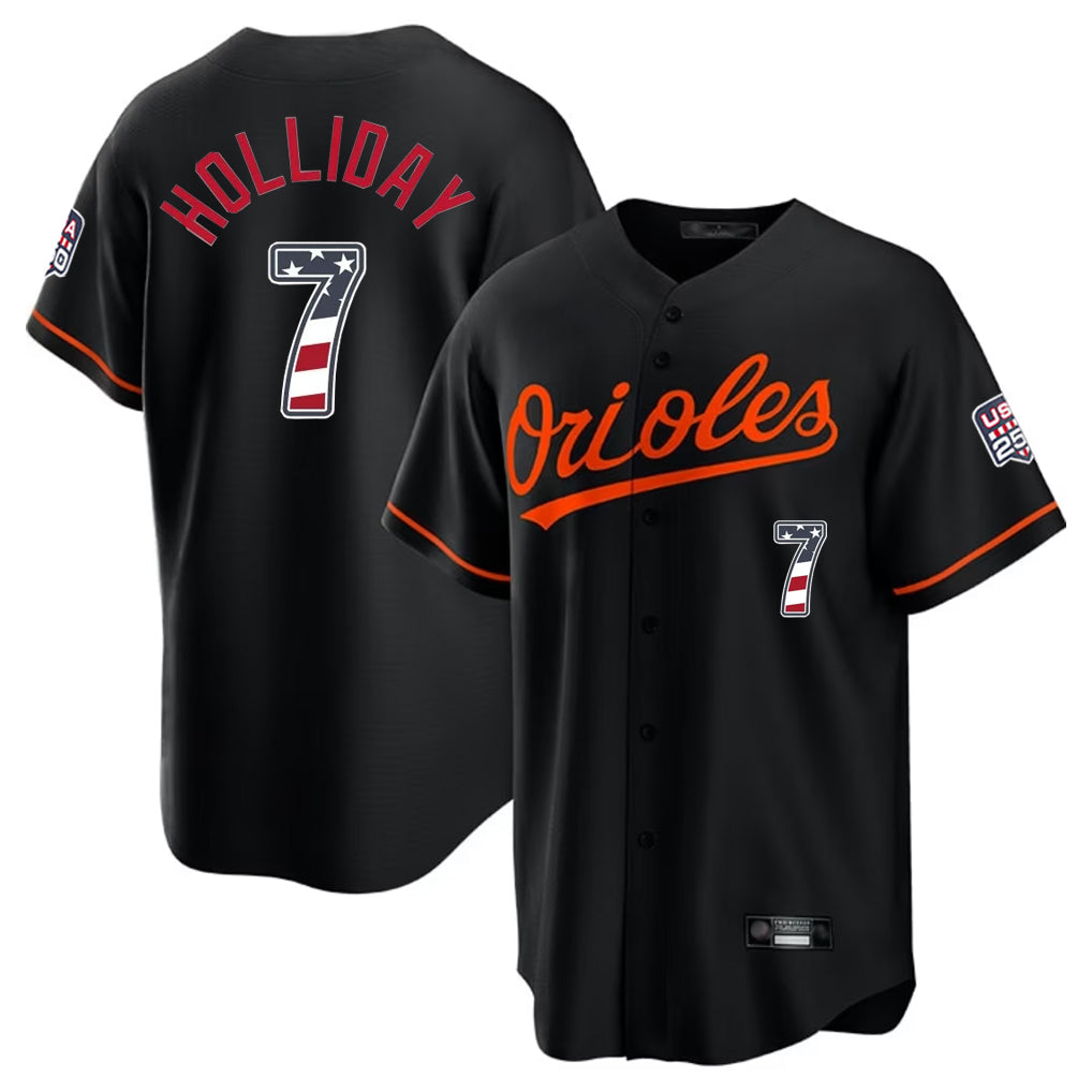 Silnrao B.Orioles #7 Jackson Holliday Player Black USA 250 Fourth of July Home Game Stitched Jerseys