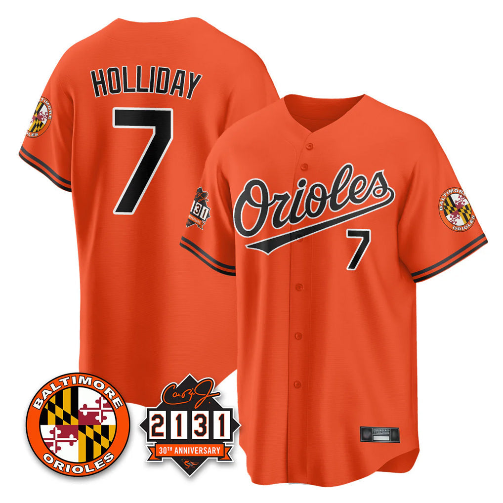 Silnrao B.Orioles #7 Jackson Holliday Player Orange 30th Anniversary of 2131 Home Game Stitched Jerseys